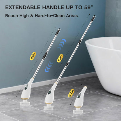 Electric Spin Scrubber Cordless Shower Cleaning Brush with 10 Replaceable Brush Heads, Extendable Handle Up to 59", 2 Speed, Waterproof, 2H Cleaning Time for Bathroom Shower Tile Glass Car
