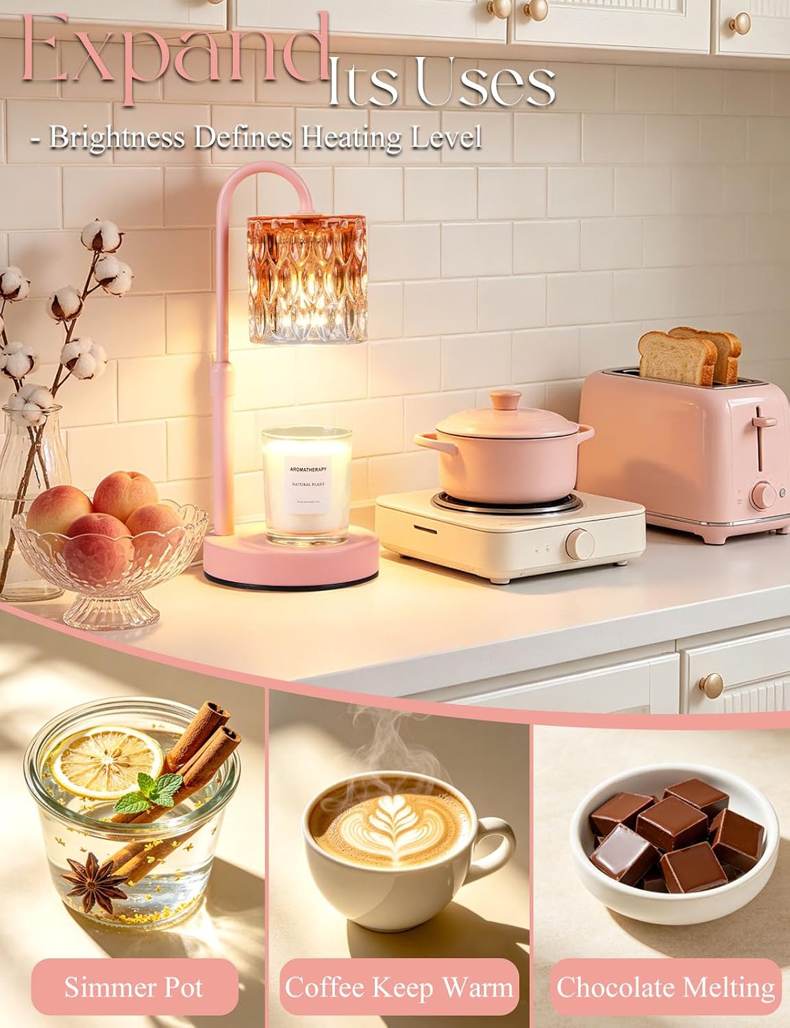 Briever Dimmable Candle Warmer Lamp with Timer, Height Adjustable Electric Candle Wax Warmer, Christmas Birthday Gifts for Women Mom, House Warming Gifts New Home Room Decor, Walnut Solid Wood Base