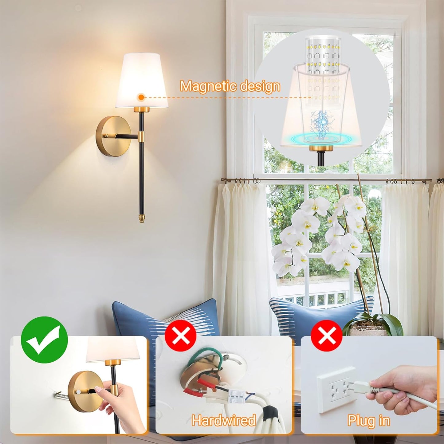 Nekhung Battery Operated Wall Sconces Set of Two, Wireless Battery Wall Light with 10000mAh RGB Dimmable Magnetic Bulb and Remote, Rechargeable Sconce Wall Decor for Bedroom Living Room Hallway