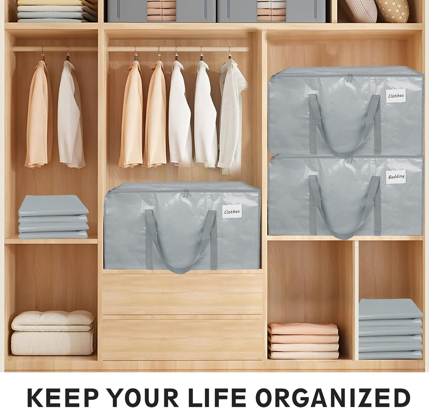 8 Pack-Extra Large Heavy Duty Moving Bags - Waterproof Storage Totes with Handles & Zippers, Foldable for College Dorm, Storage (Clear)