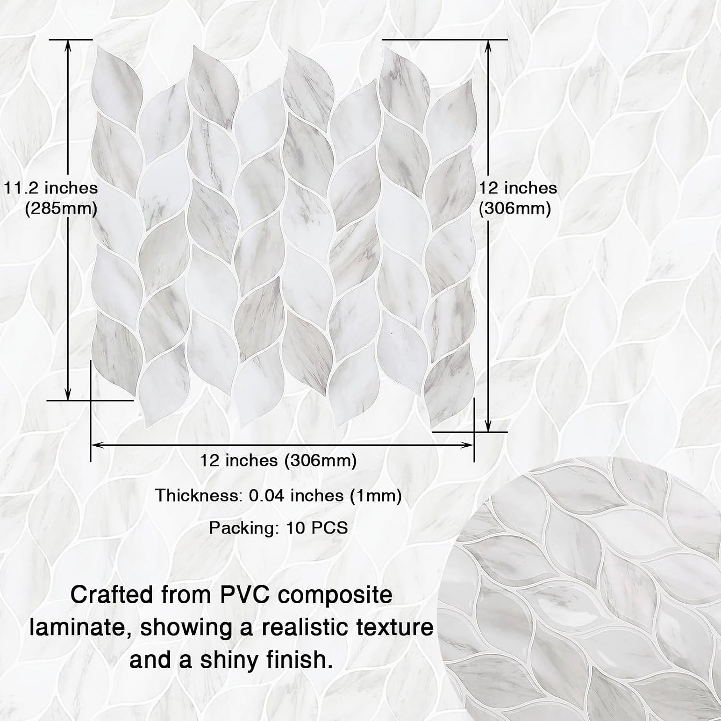 Tilingview 10 Pcs Vinyl Leaf Peel and Stick Tile for Kitchen Backsplash, Premium Self-Adhesive Tiles Plastic Wall Stickers Art Mosaics (Blue Gray)