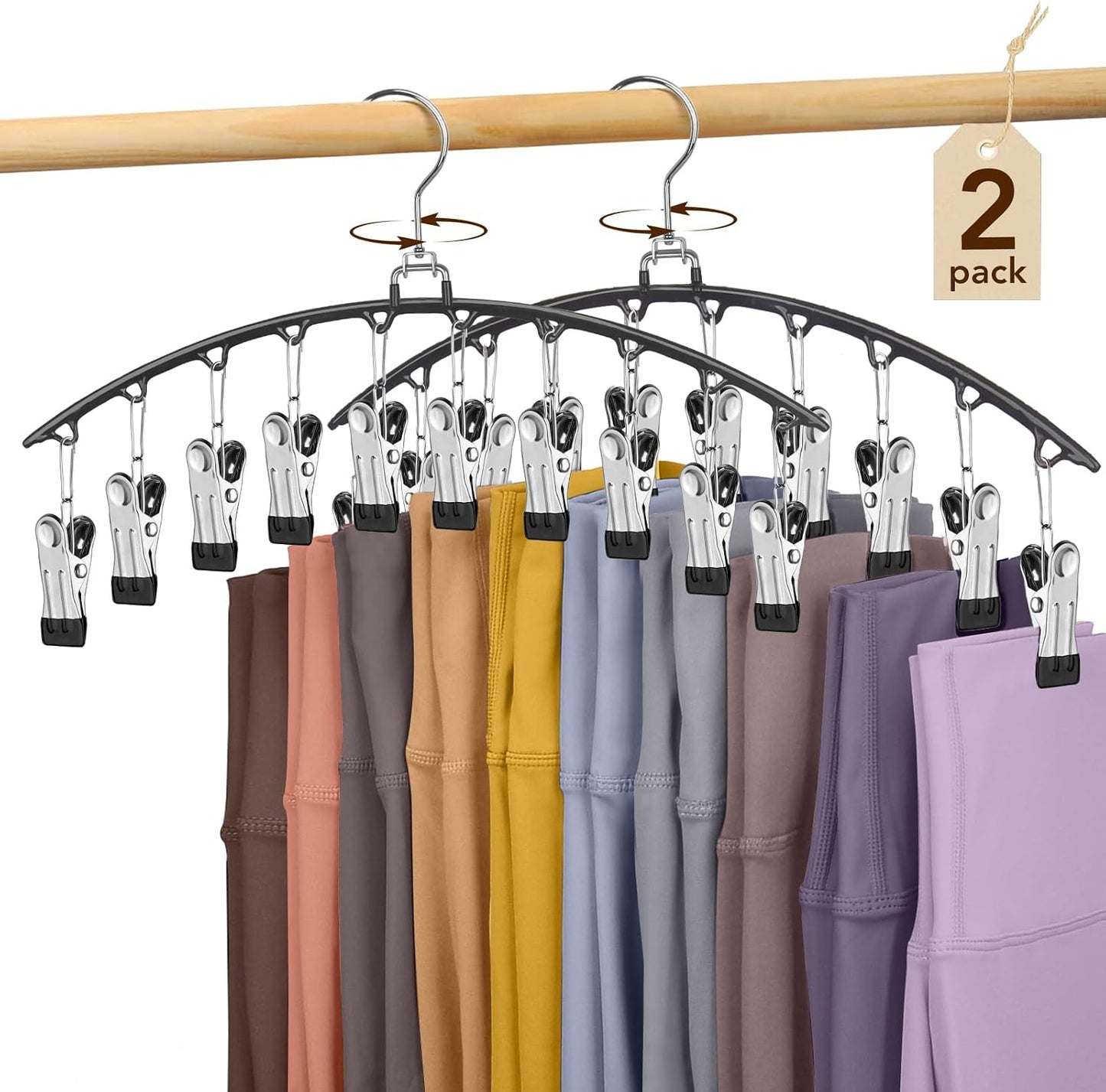 Legging Organizer for Closet 360° Swivel, Metal Yoga Pants Hanger 2 Pack w/10 Clips Holds 20 Leggings, Space Saving Hanger Closet Organizers and Storage, Pants Hangers for Pants, Skirts, Hats (Black)