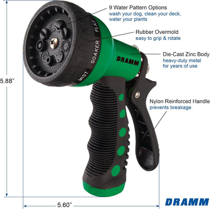 Dramm Revolver Heavy Duty Metal Garden Hose Nozzle – 9 Spray Patterns, High Pressure Jet, Thumb-Control Flow, Ergonomic Grip – Green