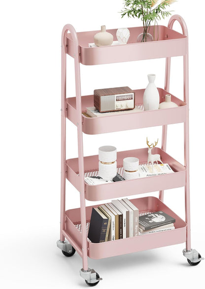 OLIXIS Metal 4 Tiers Utility Rolling Cart, Mobile Storage Shelf with Lockable Caster Wheels, Organization for Livingroom, Bathroom, Kitchen, & Narrow Places, 4-Tier Green