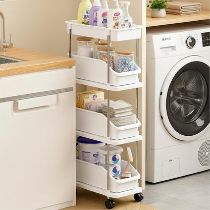Slim Storage Cart 3 Tier Slim Rolling Utility Cart with Pull-Out Baskets & Wheels for Narrow Space in Kitchen Dining Room Bathroom Laundry Room Cream White (Width 6.3 Inches)