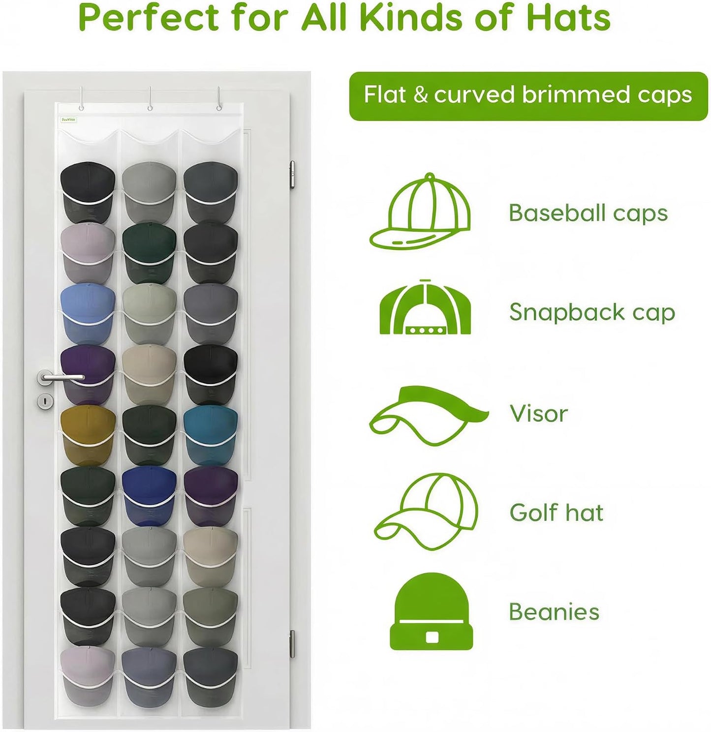 Baseball Hat Rack, 24 Pocket Over-The-Door Hat Organizer with Clear Deep Pockets to Display Baseball Caps Collection, Complete with 3 Over Door Hooks (Black, 24 Pockets)
