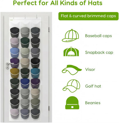 Baseball Hat Rack, 24 Pocket Over-The-Door Hat Organizer with Clear Deep Pockets to Display Baseball Caps Collection, Complete with 3 Over Door Hooks (Black, 24 Pockets)