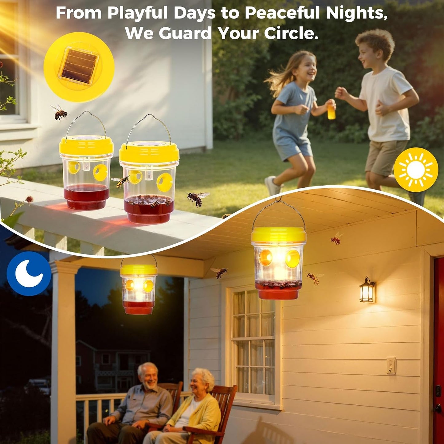 Solar Wasp Bee Trap, Outdoor Hanging LED Light Reusable Catcher for Outside | Brush Included, DIY Bait, Fits Hornet, Yellow Jacket, Wasp & Carpenter Bee, All-day Outdoor Use for Garden, Orchard & Farm