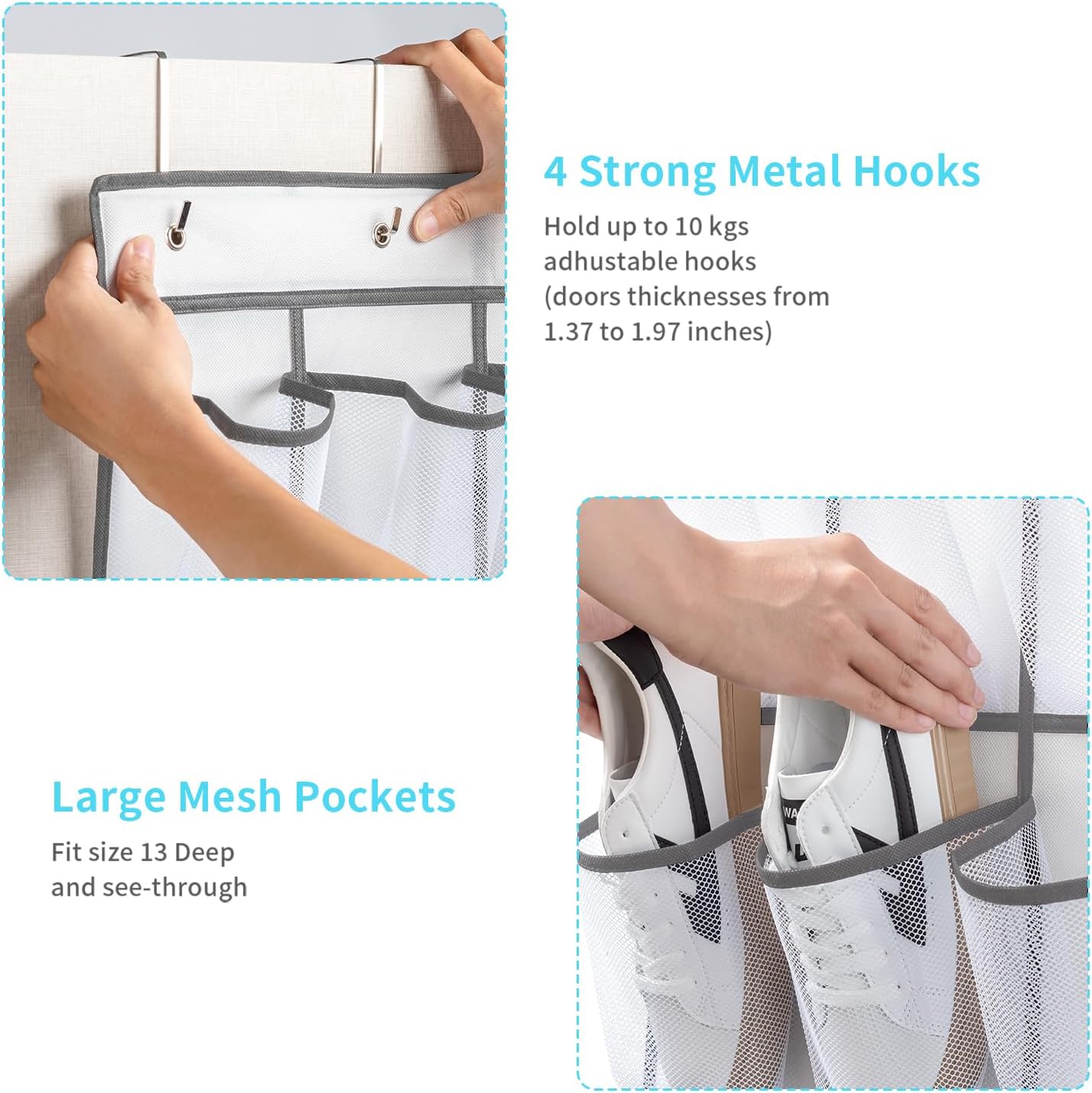 SAVERHO 35 Pockets Over the Door Shoe Organizer, Hanging Shoe Organizer for Door with 35 Mesh Pockets Large Capacity Shoe Hanging Storage Bag with 4 Metal Hooks (White-1Pack)