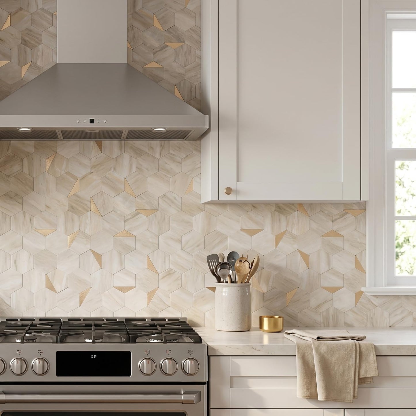 10-Sheet Heavy-Duty Hexagon Peel and Stick Backsplash, Thick Waterproof &Heat Resistant Stick on Wall Tiles, Slate Beige Mosaic for Kitchen & Bathroom, Strong Adhesive Permanent PVC Tiles