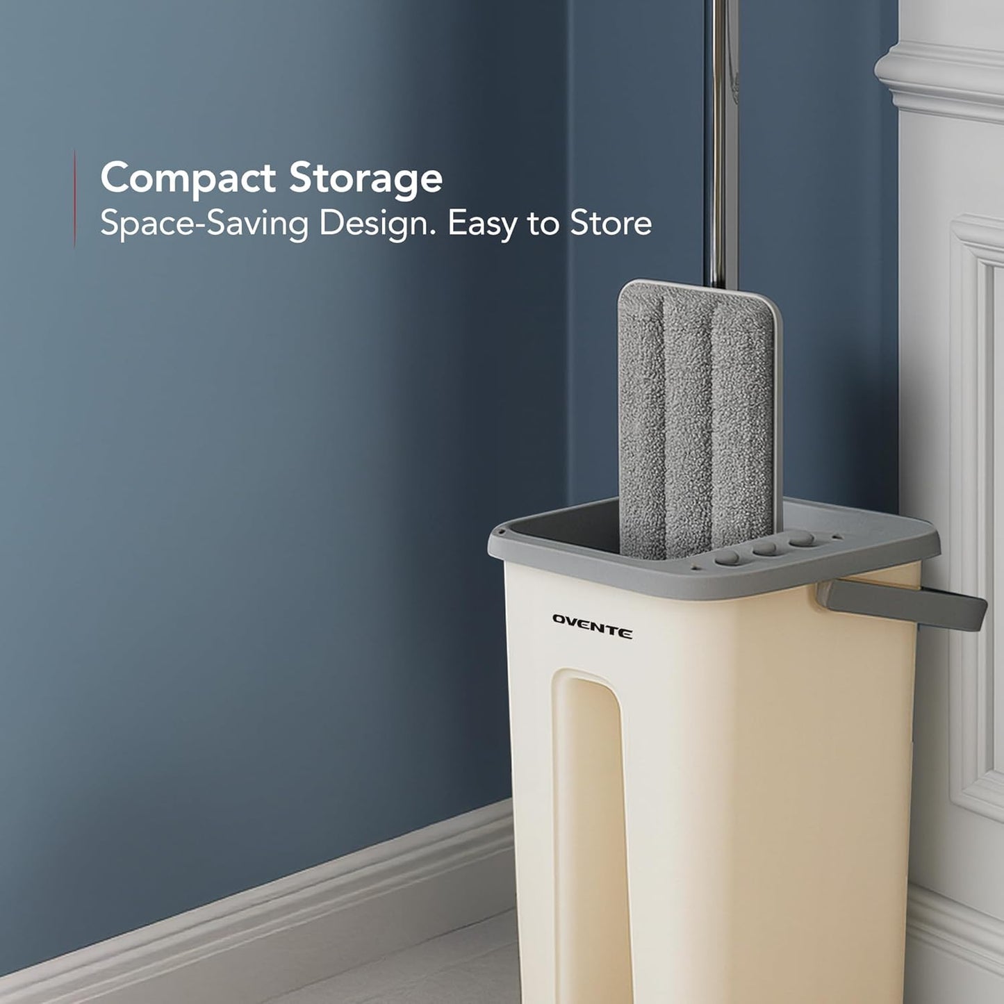 OVENTE Mop and Bucket with Wringer Set, Hands-Free Self-Cleaning Flat Floor Mop with Washable Microfiber Pad, Home Cleaner for Smooth Wall, Hardwood, Tile, Laminate and Glass Windows, Beige MBP32BGG