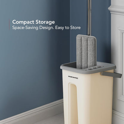 OVENTE Mop and Bucket with Wringer Set, Hands-Free Self-Cleaning Flat Floor Mop with Washable Microfiber Pad, Home Cleaner for Smooth Wall, Hardwood, Tile, Laminate and Glass Windows, Beige MBP32BGG
