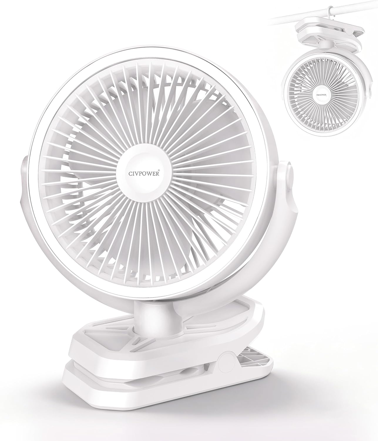 Clip on Fan 16000mAh: Portable Rechargeable Clamp Fan for Stroller Bed Camping Tent Golf Cart - Quiet Battery Operated with 3 Speed Strong Airflow LED Light Hook for Office Desk Outdoor (Black)