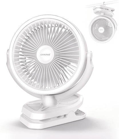 Clip on Fan 16000mAh: Portable Rechargeable Clamp Fan for Stroller Bed Camping Tent Golf Cart - Quiet Battery Operated with 3 Speed Strong Airflow LED Light Hook for Office Desk Outdoor (Black)