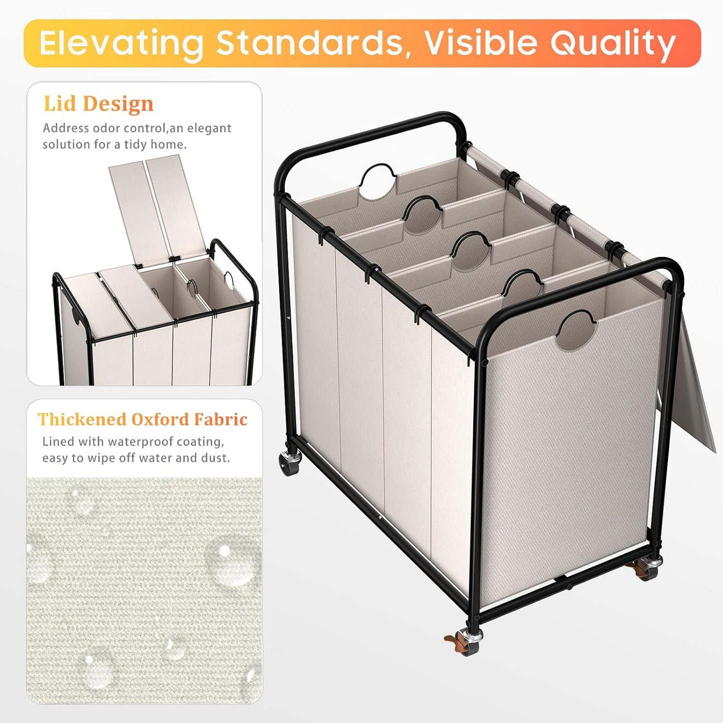 180L (47.55 Gal) Laundry Sorter 3 Section, Rolling Laundry Basket with Lockable Wheels and Lid, Laundry Hamper with 3 Separated Removable Bags Dirty Clothes Hamper for Laundry Room Organizer, Black