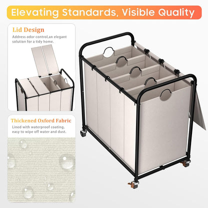 180L (47.55 Gal) Laundry Sorter 3 Section, Rolling Laundry Basket with Lockable Wheels and Lid, Laundry Hamper with 3 Separated Removable Bags Dirty Clothes Hamper for Laundry Room Organizer, Black