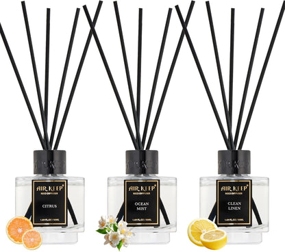 Airkeep Reed Diffuser Set of 3 for Bathroom Air Fresheners, Oil Diffuser Sticks | Cedar Wood,White Pine Moroccan Amber Scent Diffuser(1.7 fl oz*3) Fragrance with 18 Sticks Defusers | Shelf Decor