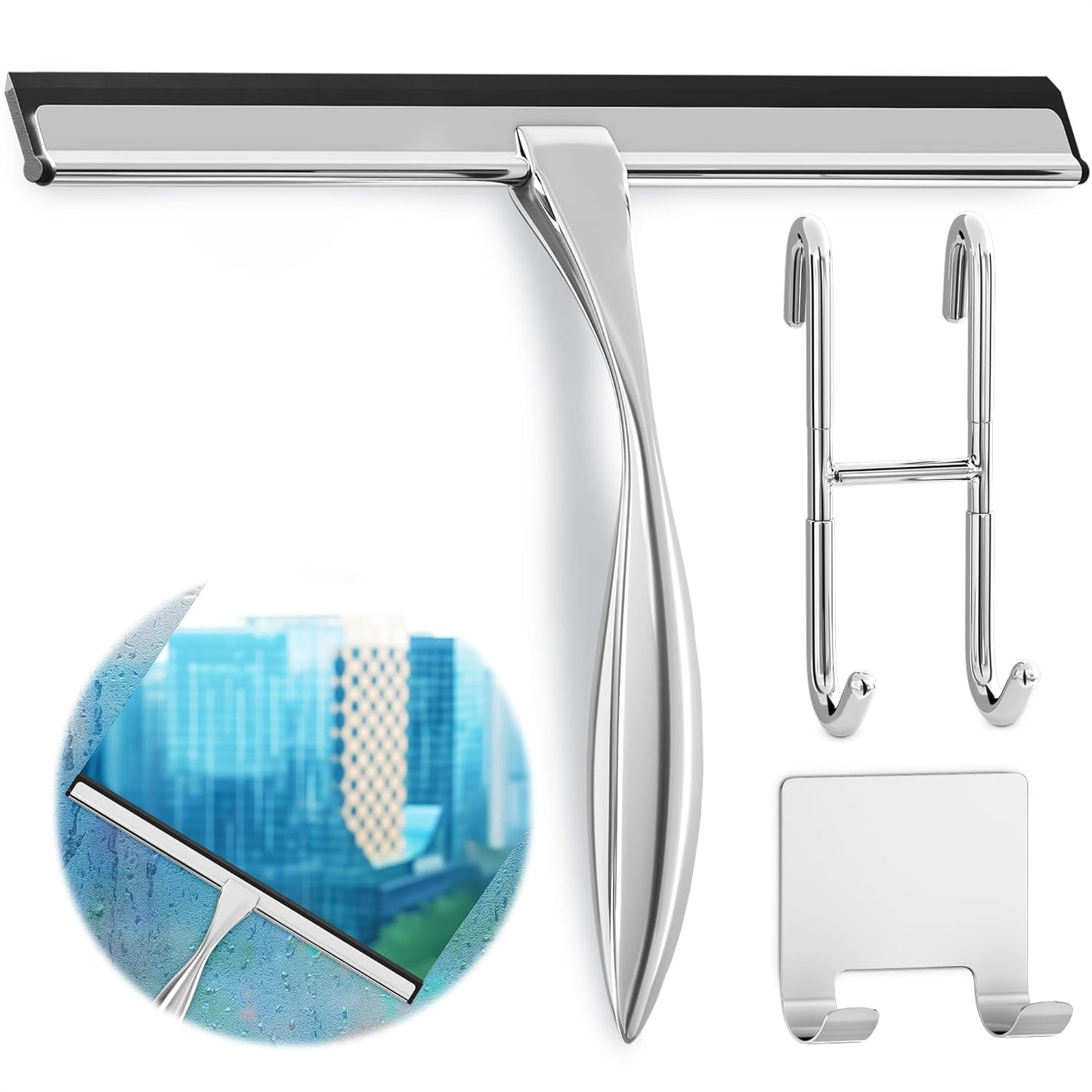 Shower Door Squeegee with Adhesive & Hanging Hooks, 12" Silicone Blade - Stainless Steel All-Purpose Squeegee for Shower Glass, Bathroom Mirror Cleaner Tool Suitable for Tile Walls - Multi-Surface Use