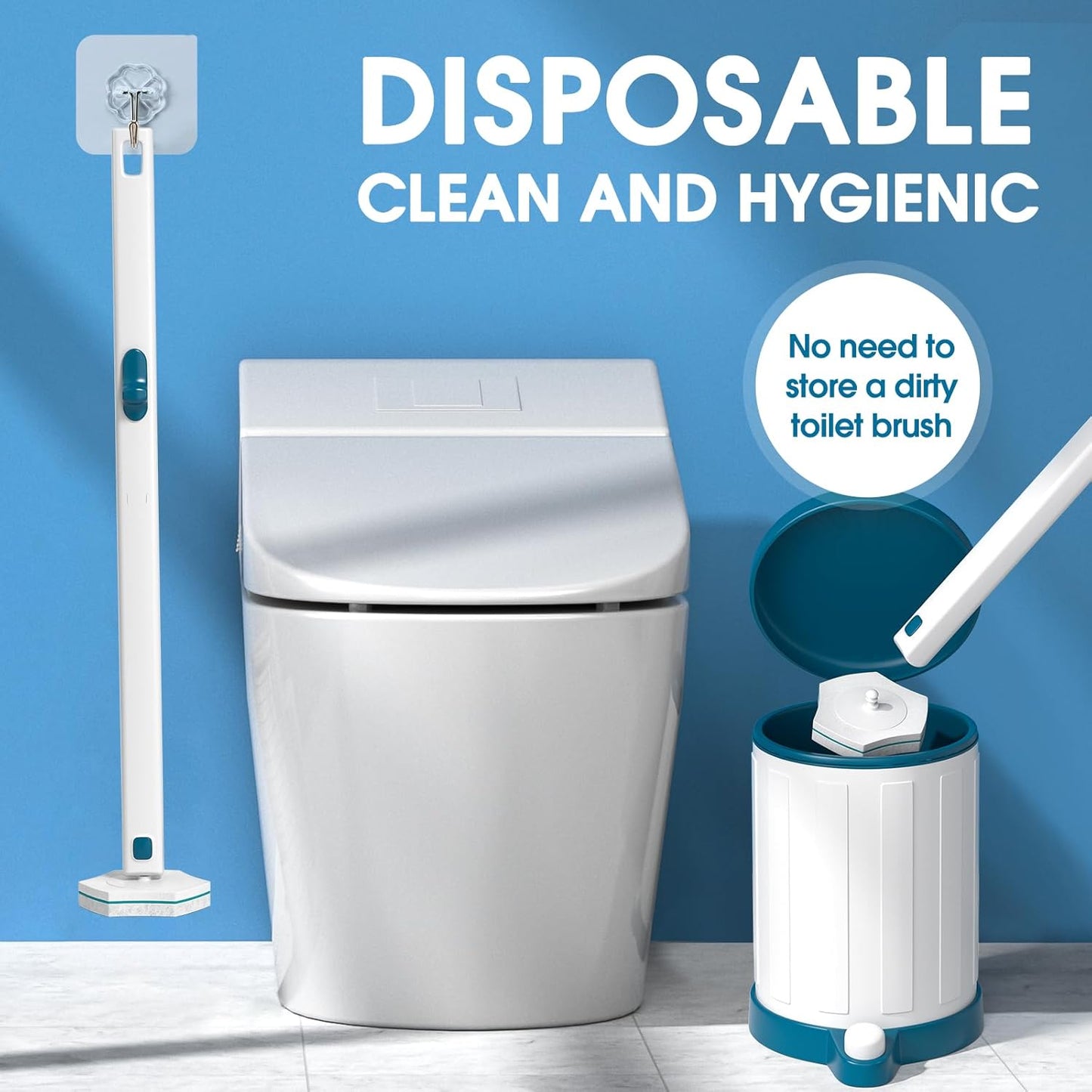 Disposable Toilet Brush with 48 PCS Refills, Disposables Toilets Cleaning System with Handle, Storage Caddy and 48Toilet Bowl Refill Heads for Bathroom Cleaning