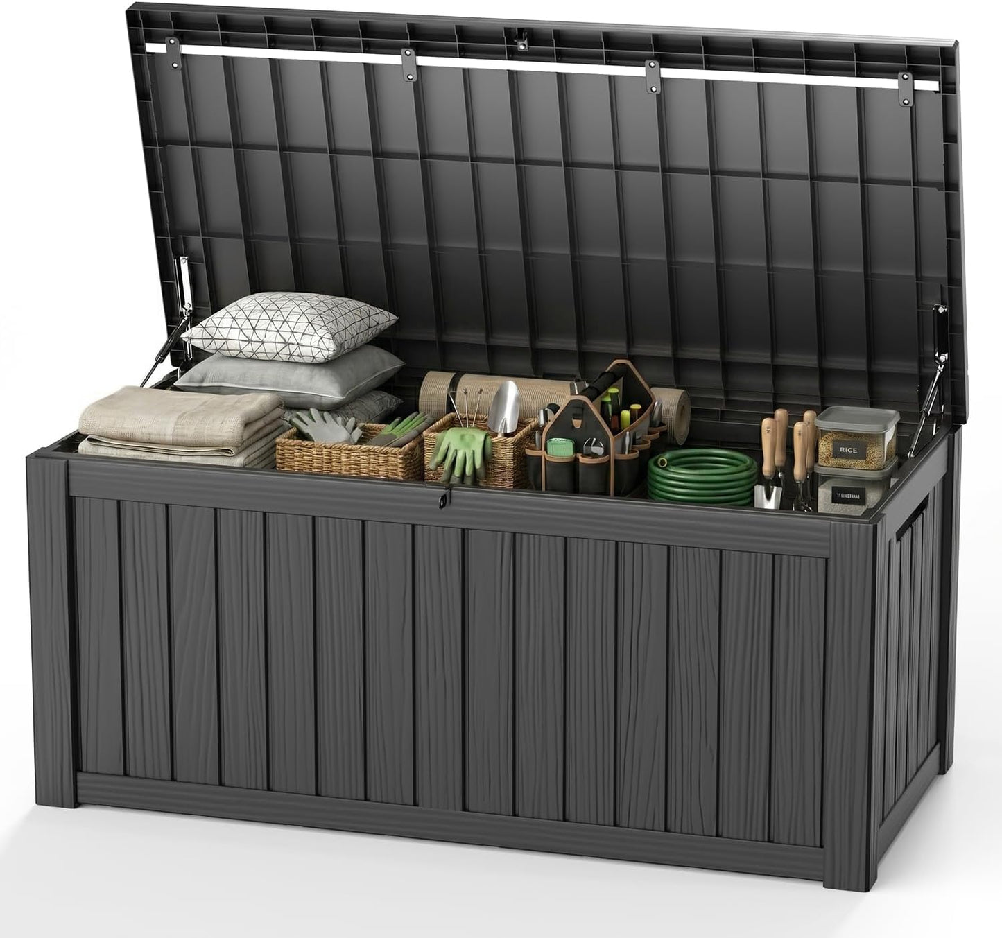 Outdoor Waterproof Resin Storage Deck Box Lockable Outside Bench UV Resistant Bin Patio Porch Furniture Pool Float Garden Tool Cushion (Black, 85 Gallon)