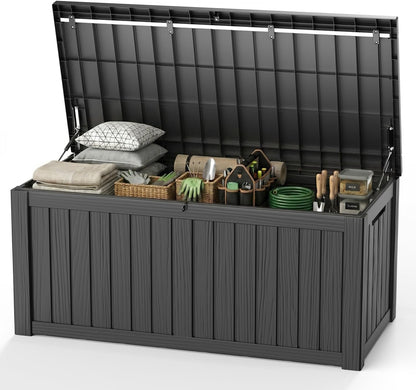 Outdoor Waterproof Resin Storage Deck Box Lockable Outside Bench UV Resistant Bin Patio Porch Furniture Pool Float Garden Tool Cushion (Black, 85 Gallon)