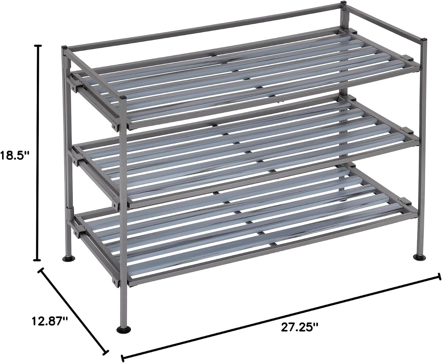 Seville Classics Sturdy Freestanding Storage Shelf for Bedroom, Closet, Entryway, Dorm Room Organizer Stackable Durable Metal Shoe Rack Ash Gray Slat, 3-Tier