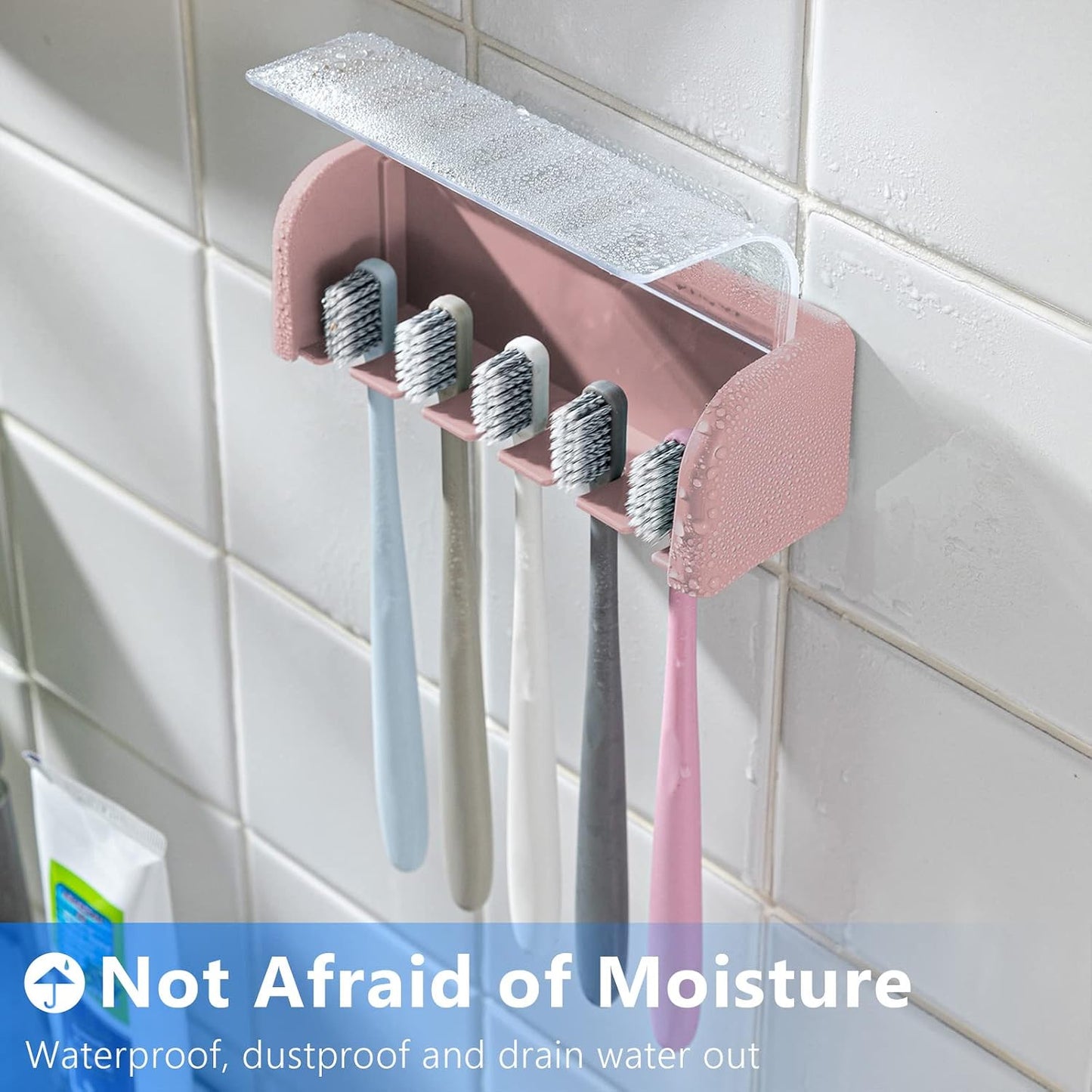 5 Slots Toothbrush Holder Wall Mount with Cover, Self Adhesive Toothbrushes Storage Organizer Perfect for Dorm Bathrooms and Shower, Holds 5 Toothbrushes. (White)