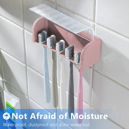 5 Slots Toothbrush Holder Wall Mount with Cover, Self Adhesive Toothbrushes Storage Organizer Perfect for Dorm Bathrooms and Shower, Holds 5 Toothbrushes. (White)