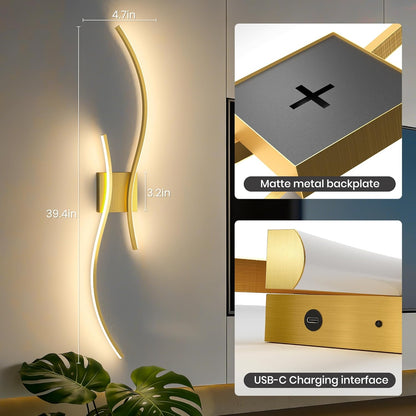 Battery Operated Wall Sconces Set of Two, 10000mAh Rechargeable Modern Wall Lights with Remote Control, Dimmable Gold LED Cordless Lighting for Living Room, Bedroom, Hallway, 39.4 Inch, 3CCT