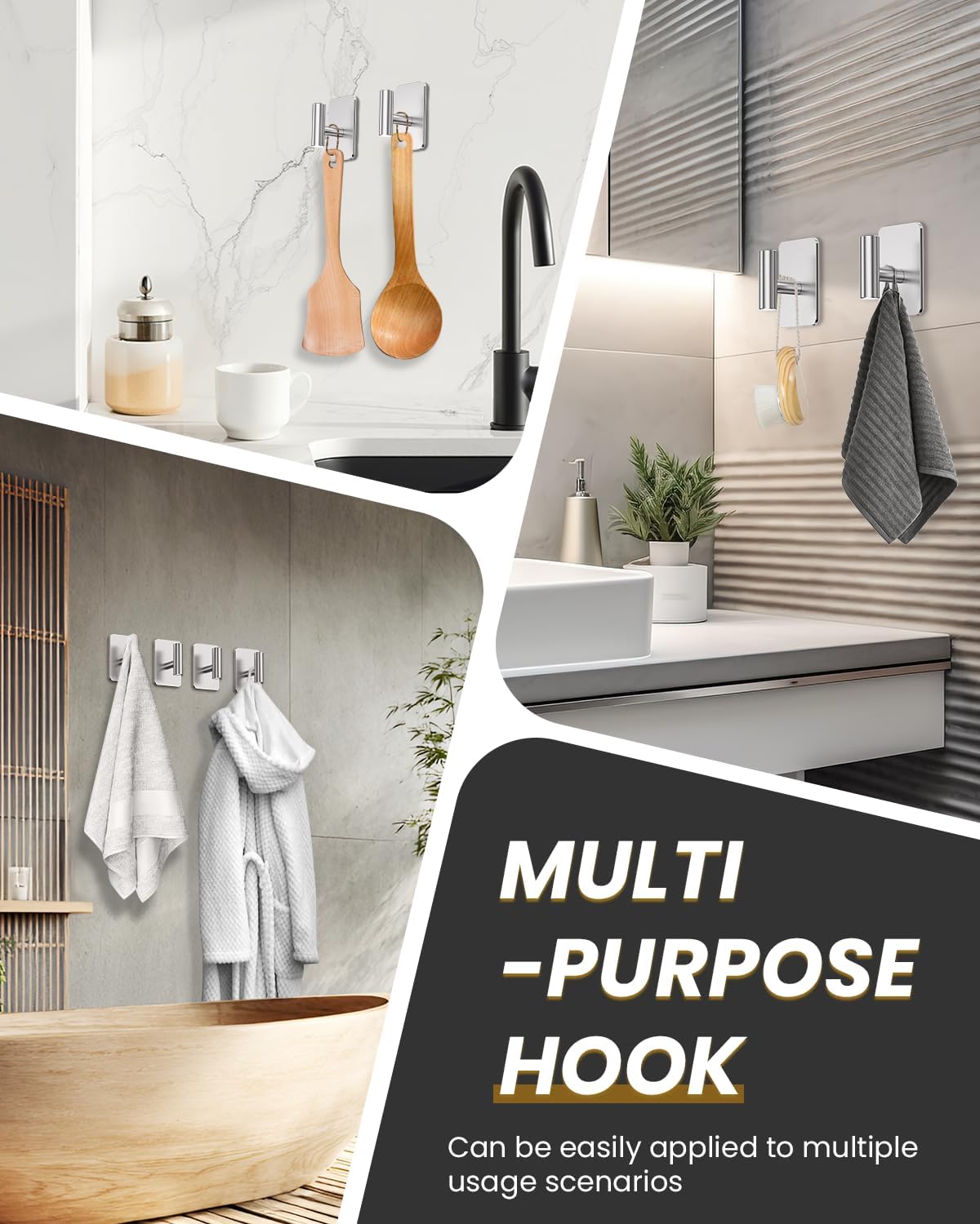 Heavy Duty Adhesive Hooks - 26lb Max, Sticky Wall Hooks Waterproof Stainless Steel for Hanging Towel, Coat, Robe, Towel Hooks Stick on Bathroom, Kitchen, Shower, Door (Black, 4 Pack)
