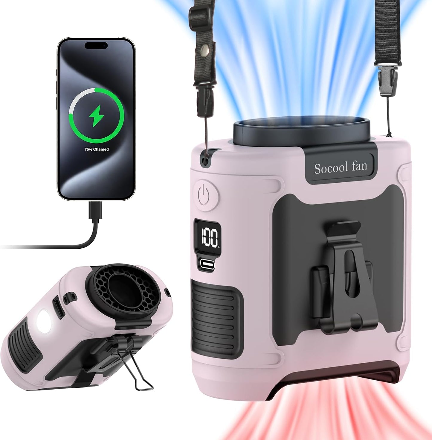 Socool 10000mAh Portable Waist Fan Clip on Wearable Belt Personal Fan Rechargeable Battery operated With 5 Speeds & Flashlight Neck Hands-Free 40H Cooling For Outdoor Camping Travel (Gray）