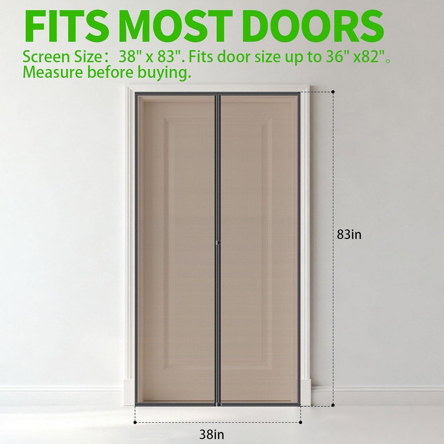 Magnetic Screen Door - 38"x83" Heavy Duty Mesh for Entry Front Back Patio Sliding Door, Self Sealing Hands Free, Bug Proof, Windproof Clips, No Drill Easy Install, Pet & Child Friendly, Black