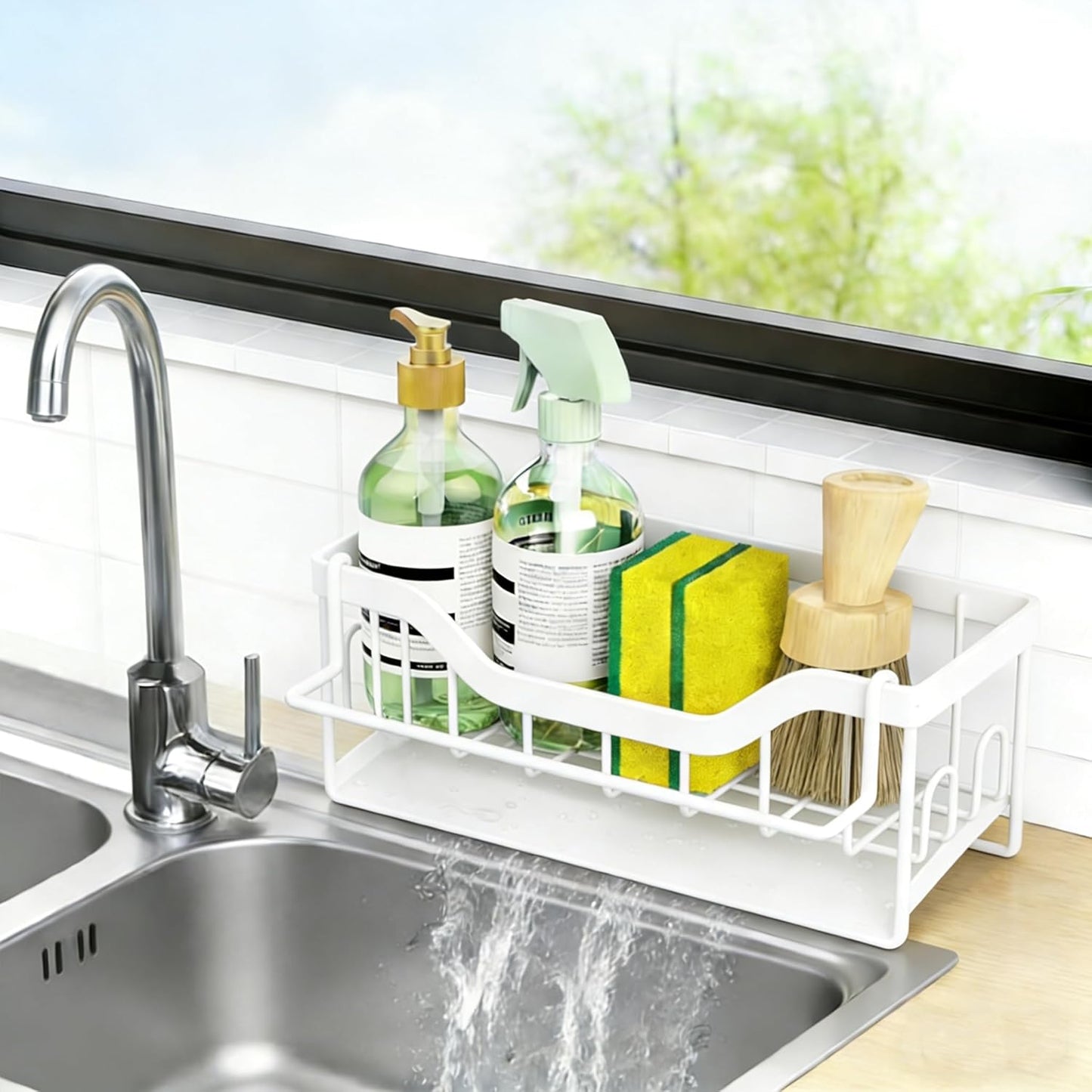 Kitchen Sink Organizer Stainless Steel Sponge Holder with Automatic Drainage Tray and Detachable Rag Rack