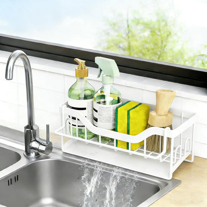 Kitchen Sink Organizer Stainless Steel Sponge Holder with Automatic Drainage Tray and Detachable Rag Rack