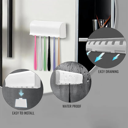 6 Slots Toothbrush Holder Wall Mount with Cover, Self Adhesive Toothbrushes Storage Organizer Perfect for Dorm Bathrooms and Shower, Holds 6 Toothbrushes. White