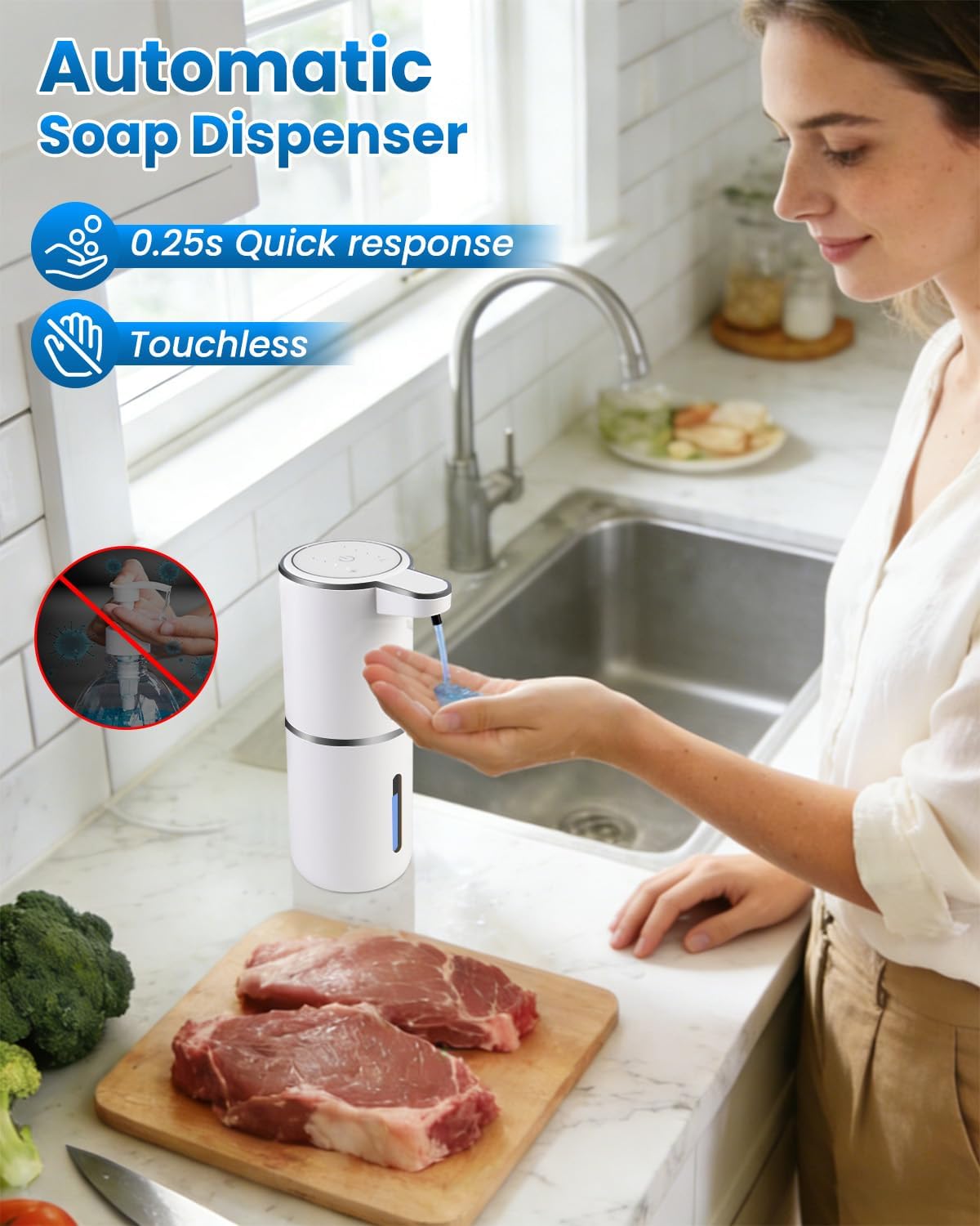 Automatic Liquid Soap Dispenser Touchless, USB Rechargeable Hand Soap Dispenser, 4 Adjustable Volume Levels, IPX5 Waterproof, 12.8oz/380ml Wall Mounted for Bathroom Kitchen Countertop, White