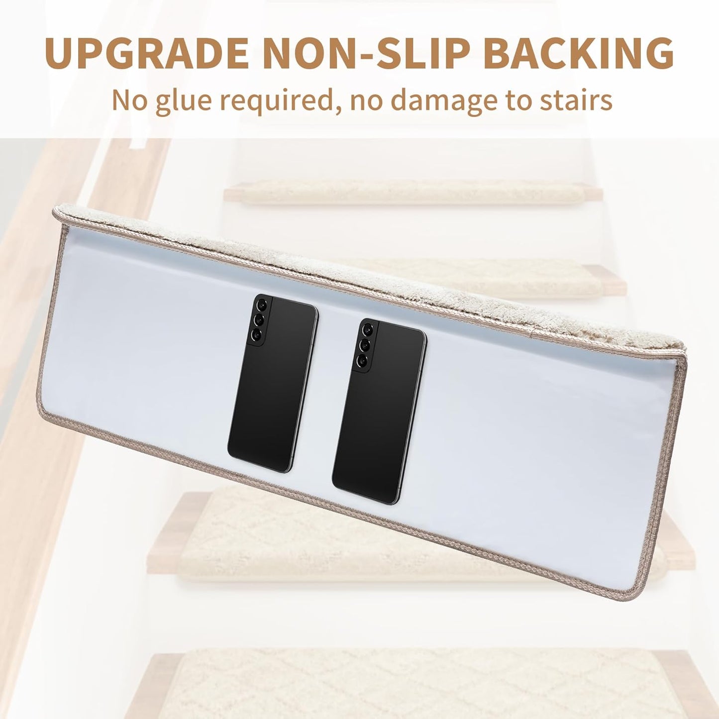 Bullnose Stair Treads Non Slip 9.5" x 32", 14 Pcs Ultra Plush Carpet Stair Treads for Wooden Steps Indoor with Edge Protection, Reusable Peel and Stick TPU Backing Stair Runner Rugs - Beige Gray