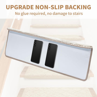 Bullnose Stair Treads Non Slip 9.5" x 32", 14 Pcs Ultra Plush Carpet Stair Treads for Wooden Steps Indoor with Edge Protection, Reusable Peel and Stick TPU Backing Stair Runner Rugs - Beige Gray
