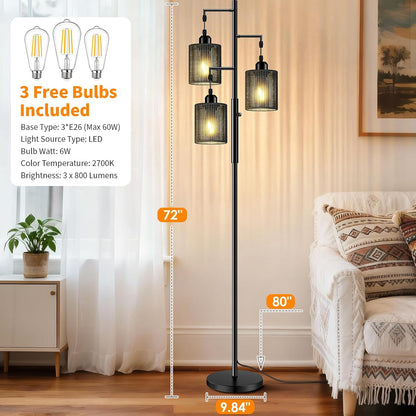 Hotsonic 72" Tall Boho Rattan Style Floor Lamp with Hand-Woven Paper Cord Shade, Dimmable Industrial Tree Standing Lamp for Living Room, Bedroom, Study Room, Office (3 x 800LM Bulbs Included) - Black