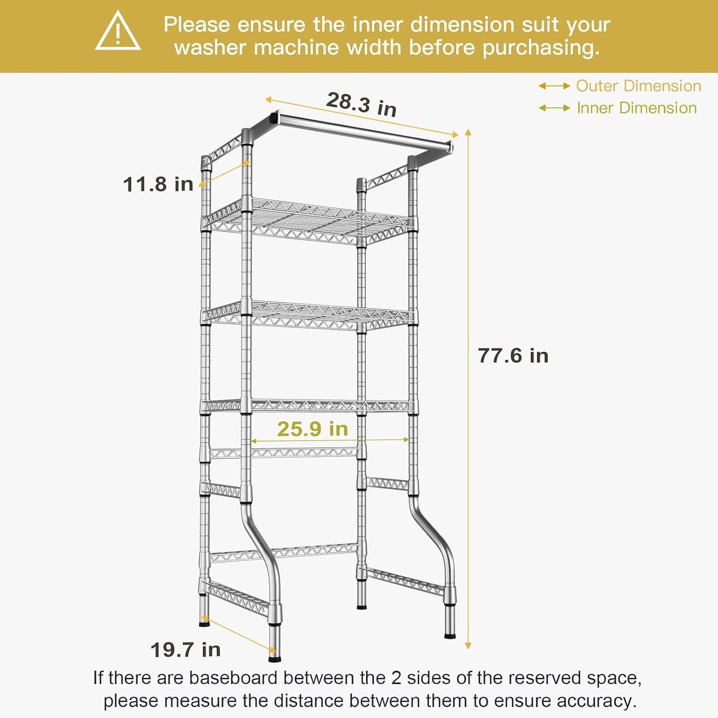 Ulif U11 Over Washer and Dryer Shelves, 3 Tiers Laundry Room Storage and Organizer Standing Shelf, Metal Freestanding Clothes Drying Rack, 33.9" W x 19.7" D x 77.6" H, Black