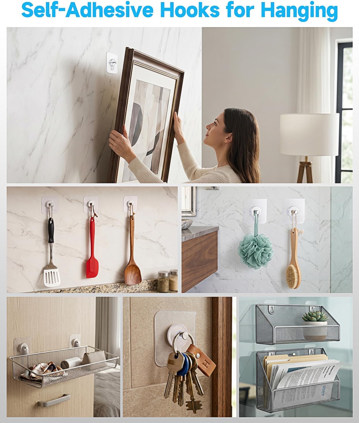 Adhesive Hooks for Wall(13lb Max), Wall Hangers Without Nails for Photos Frames, Utility Waterproof and Oil Resistant Self Adhesive Hooks for Kitchen, Bathroom, Home and Office -10 Pack
