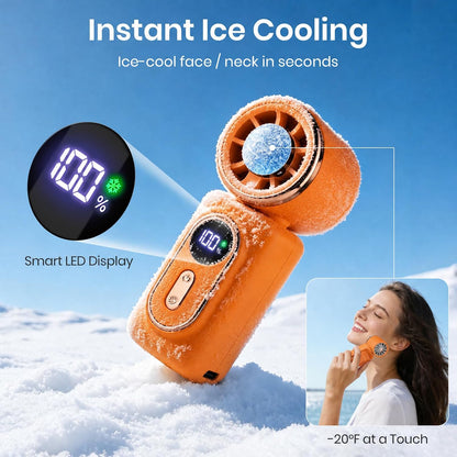 Clip-On Portable Fan with Ice Cooling, 5 Speeds Rechargeable Handheld Mini Fan with LED Display, 180° Portable Turbo Fan for Stroller, Eye Lash, Travel, Concert, Beach, Gifts for Women (White)