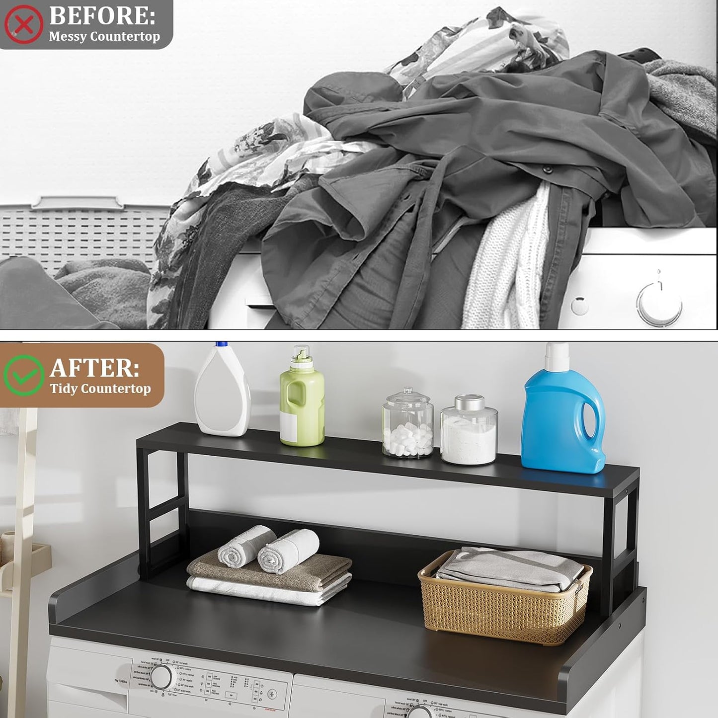 Washer Dryer Countertop with Shelf, 23.62″D x 23.62″W x 16.57″H, Countertop for Washer and Dryer Top with Non-Slip Pads and Edge Rails, Laundry Room Storage and Organization(Black)
