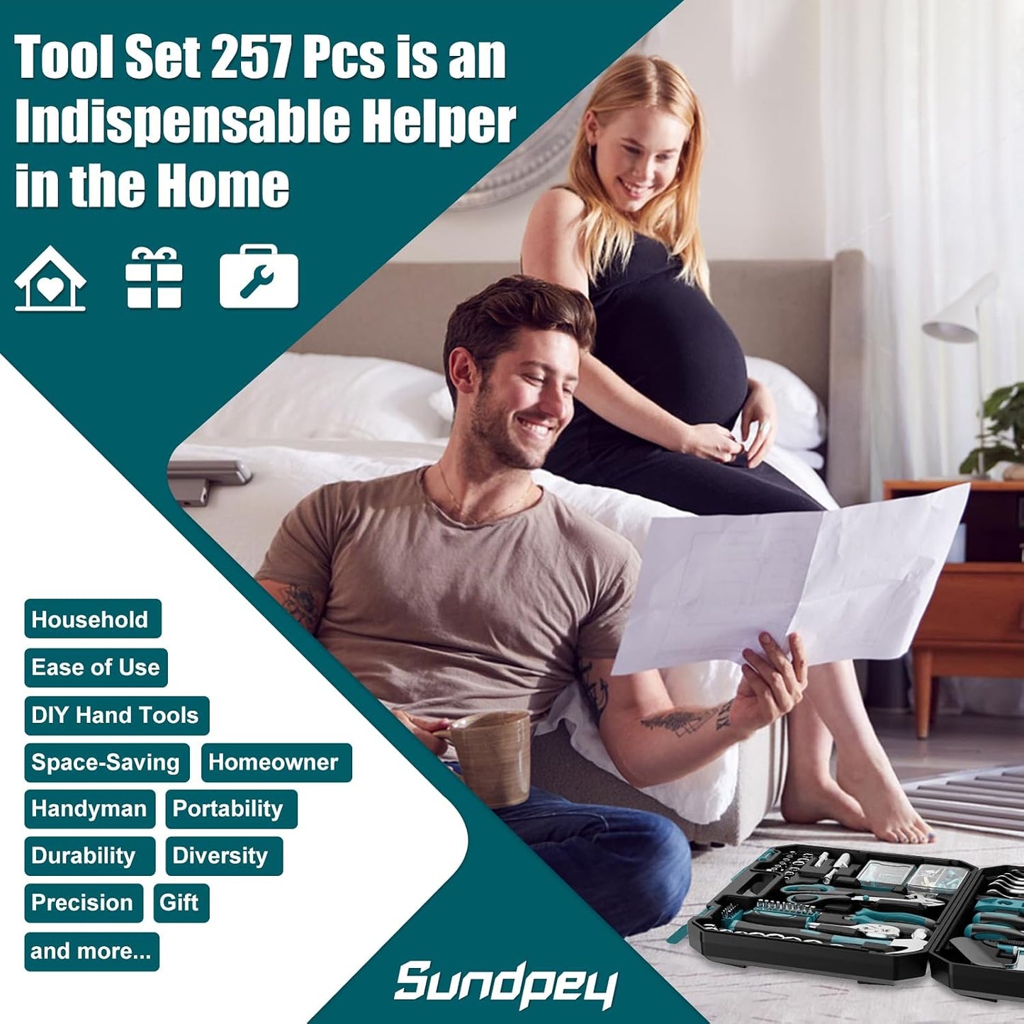 Sundpey Home Tool Kit 257-PCs - Household Basic Repair Tool Set for Men Women - General Hand Mechanic's Tool Set & Screwdriver Set & Wrench Set & Socket & Portable Tool Box Storage Case Blue