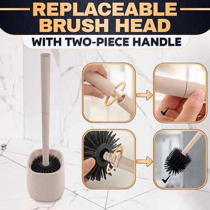 Silicone Toilet Brush and Holder Set - Cream RV Toilet Brush with Holder, Flexible Head, Soft Bristles, Detachable Handle and Freestanding Base, Compact Bathroom Cleaning Tool with Minimalistic Design