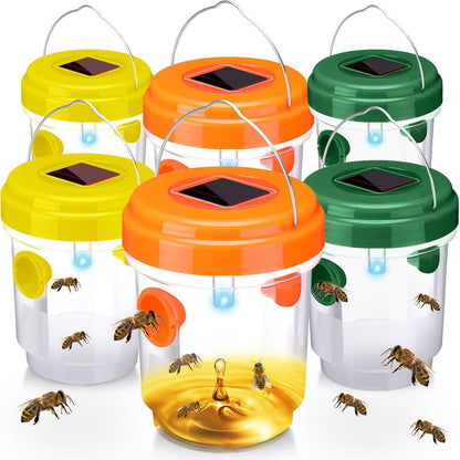 Wasp Trap Solar Powered Bee Trap Reusable Fly Traps Outdoor Hanging Wasp Killer with UV LED Light Flying Insects Bee Killer for Indoor Outside Patio Garden Home (6, Yellow)