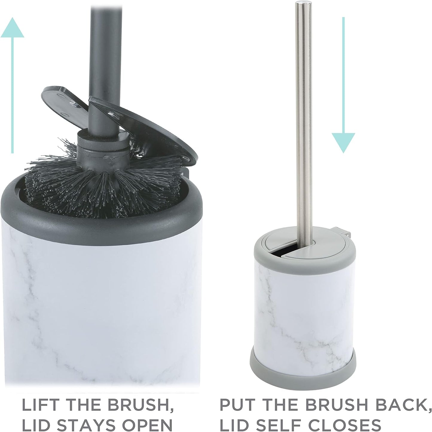 Bath Bliss Toilet Brush and Holder | Self Closing Lid | 360 Degree Brush Head | Bathroom Cleaning | Compact Size | Storage and Organization | Stainless Steel