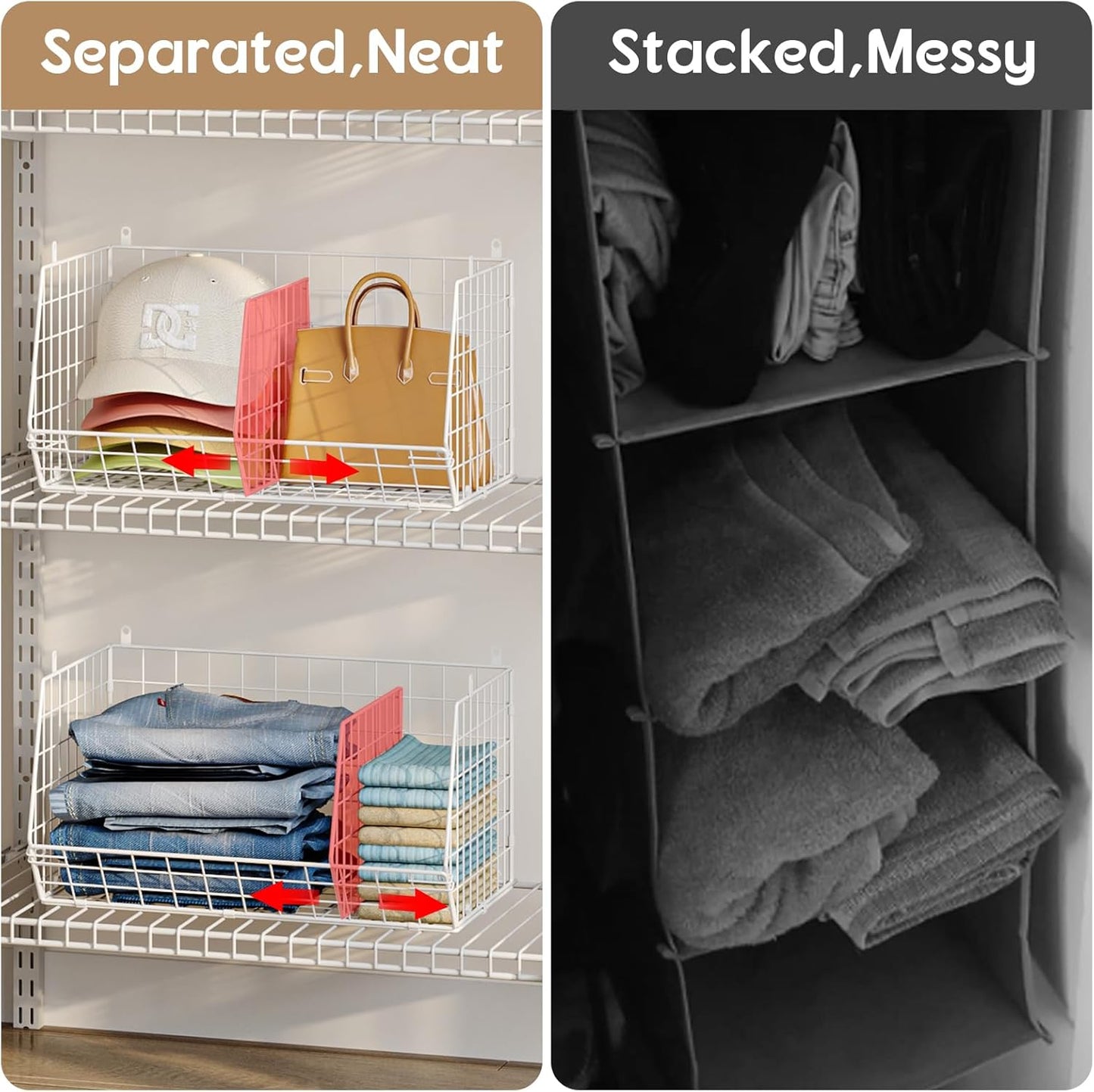 Jautokerdar 4 Tier Hanging Closet Organizer with Dividers,Extra Large Storage Hanging Shelf with 5 S Hooks 4 Dividers,Hang on Wire Closet Shelving Clothes Organizer-Black