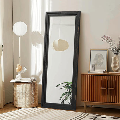 Full Length Mirror 65"x22" with Stand Solid Wood Frame Floor Large Mirror for Living Room, Bedroom Hanging Standing or Leaning Wall-Mounted, New Black