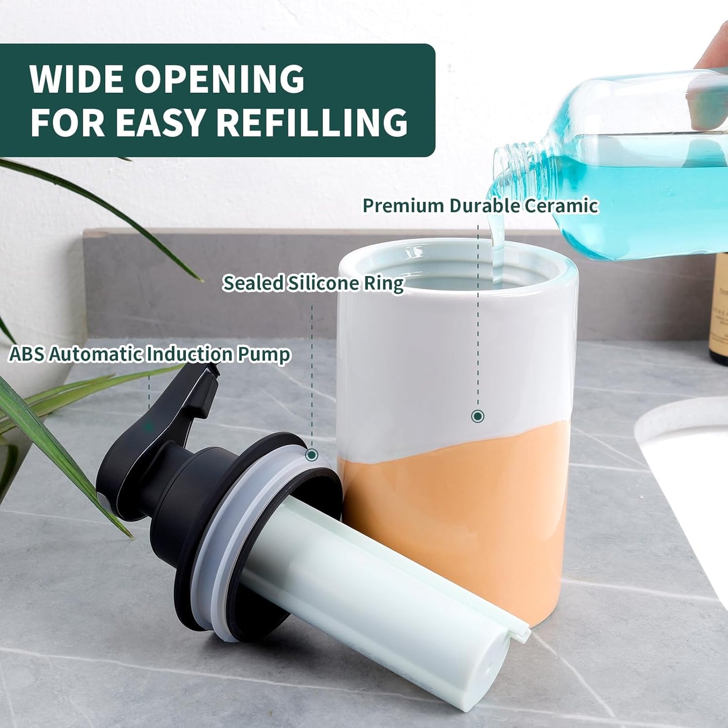 BosilunLife Automatic Soap Dispenser Ceramic Hand Free Soap Dispenser with Waterproof Pump Rechargeable Smart Electric Lotion Soap Dispenser Touchless (White-Green, Foam Pump)